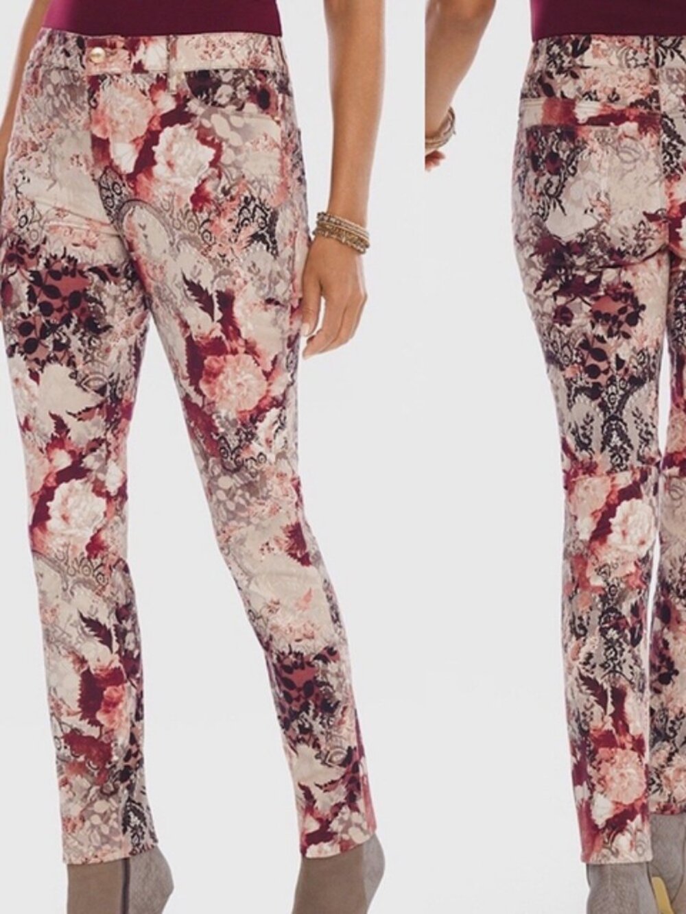 Chico’s Romantic Floral Lace Platinum Jeggings Jeans Beige Burgundy size 2P